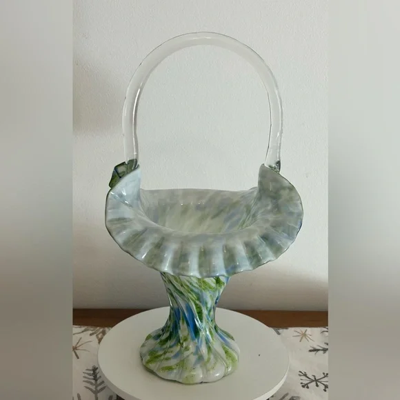 Elegant Fenton Green, Blue and White Glass Bridal Basket - Picture 3 of 6